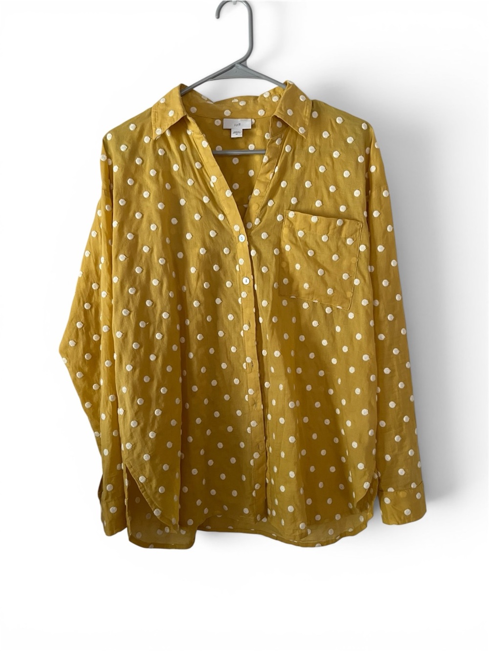 J. Jill SzXS Mustard Yellow Raised Polka Dot Button-Up Tunic Shirt, 100% Cotton